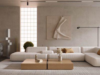 Modern home interior with polished concrete walls and cozy furniture. Interior mockup, 3d rendering