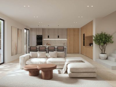 Open space living room and kitchen interior with large windows, cozy sofa, dining table and hardwood flooring. Modern design solution, 3d rendering