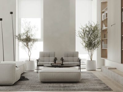 Modern contemporary living room with kitchen and dining room. Luxurious apartment background with contemporary design. Modern interior design with sofa and TV wall. 3D render, 3D illustration.